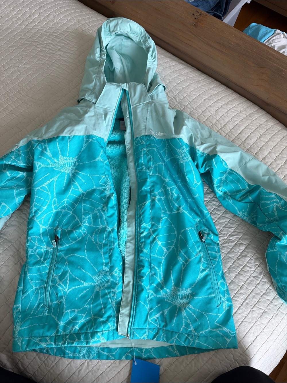 Columbia Kids Light Teal and Aqua Hooded Raincoat